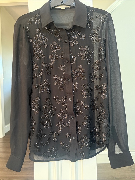 Michael Kors Tops - Michael Kors Black Sheer Sequin Embellished in Front Button-Down Blouse XS